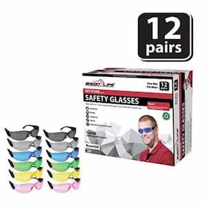 Keystone Series Safety Glasses,Color Lens, Black Temple 2 Pairs of Blue, Black, Yellow, Green, Pink, and Grey (12 Pairs)