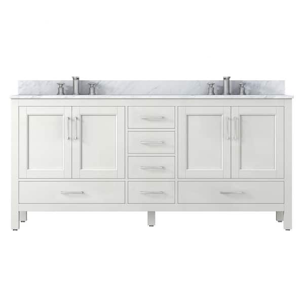 ANGELES HOME 72 in. W x 22 in. D x 34 in. H Freestanding Bath Vanity in White with Carrara White Marble Top and Double Ceramic Sink