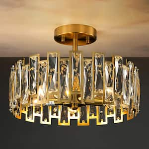 Aanay 12.9 in. 5-Light Gold Modern Industrial Cage Cylinder Drum Semi-Flush Mount Ceiling Light With Crystal Shade