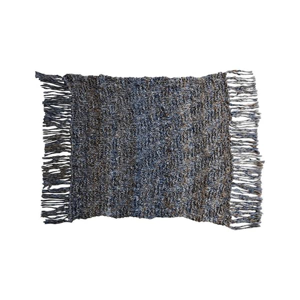Storied Home Brown and Blue Woven Melange Acrylic Throw Blanket with Fringe