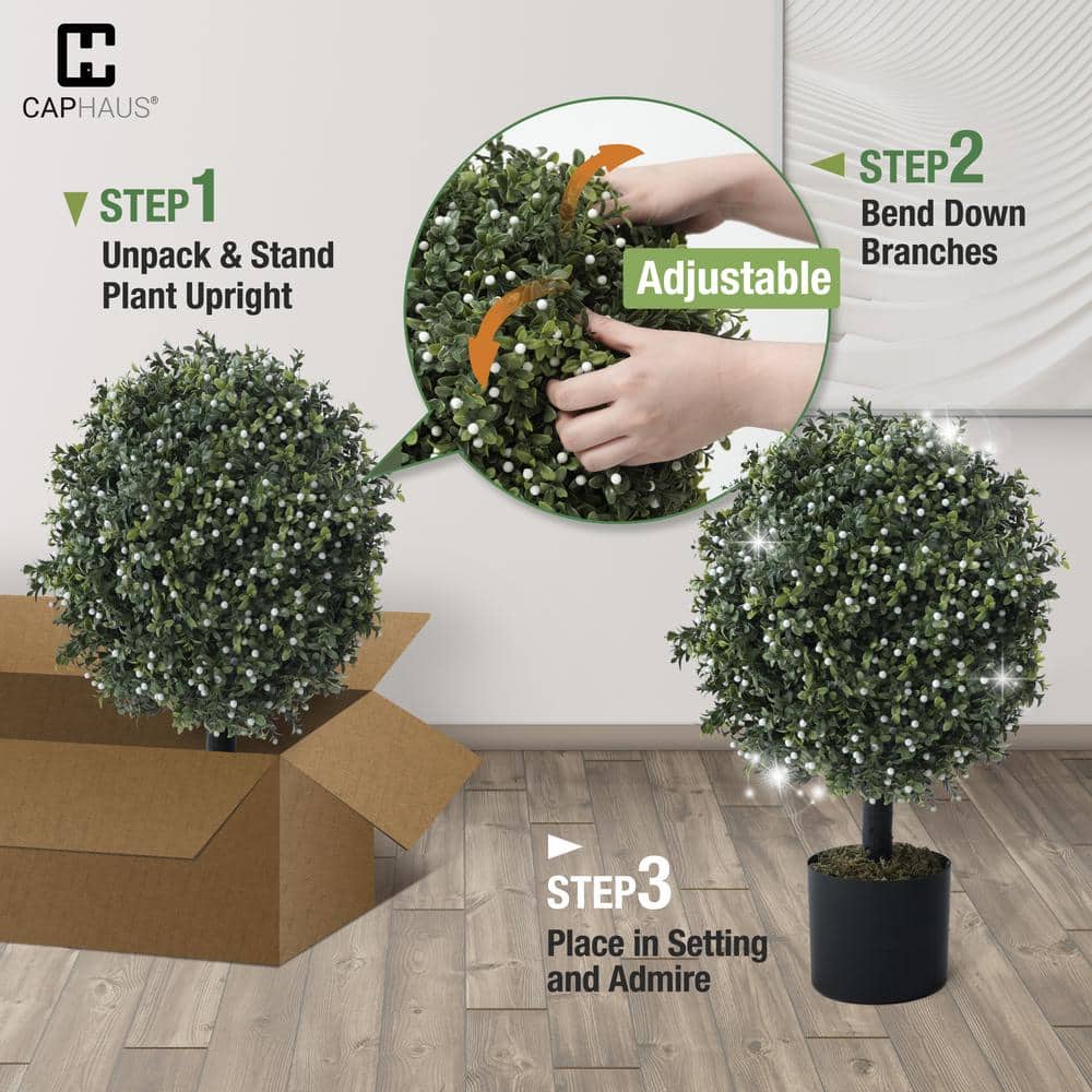 Set of 2 Green Artificial Boxwood Topiary Trees in Black Pots