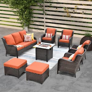 Vincent Brown 8-Piece Wicker Outdoor Patio Fire Pit Seating Sofa Set and with Orange Red Cushions