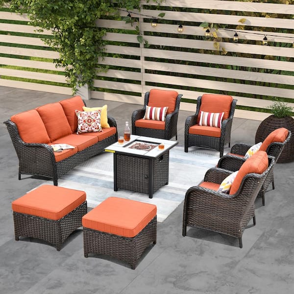 XIZZI Vincent Brown 8-Piece Wicker Outdoor Patio Fire Pit Seating Sofa Set and with Orange Red Cushions