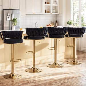 Adjustable Barstools Set, Counter Height Stools with Back and Arm, Velvet Woven Kitchen Island Stools, Black Set of 4