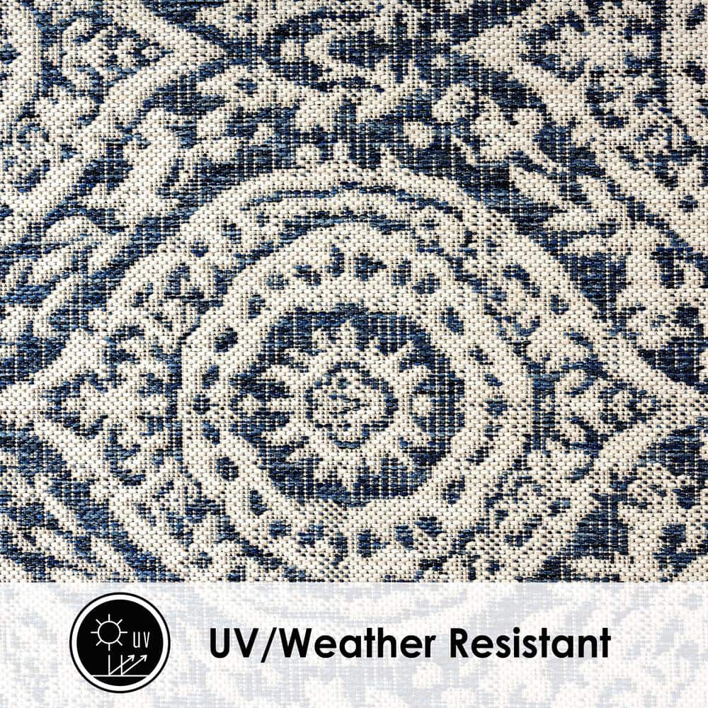 Navy Blue and Ivory Synthetic Moroccan Damask Area Rug