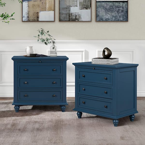 Modern Navy Blue 3-Drawer 28 in. W Nightstand, Storage Wood Cabinet, Set of 2 with Pull out Tray
