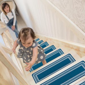 8.5 X 26 Blue Carmel Bordered Non-Slip Indoor Rubber Back Stair Tread Cover (Set of 15)