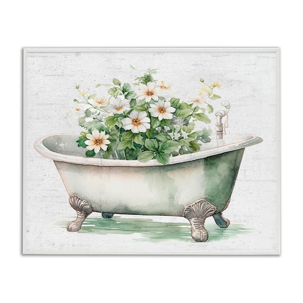 Boho Tub with Daisies by Lettered and Lined White Framed Giclee Country Art Print 24 in. x 30 in.