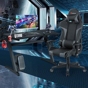 45.5 in. Black Z-Shaped Racing Style Desk and Black Plus Grey Massage Gaming Chair Set for Home Office