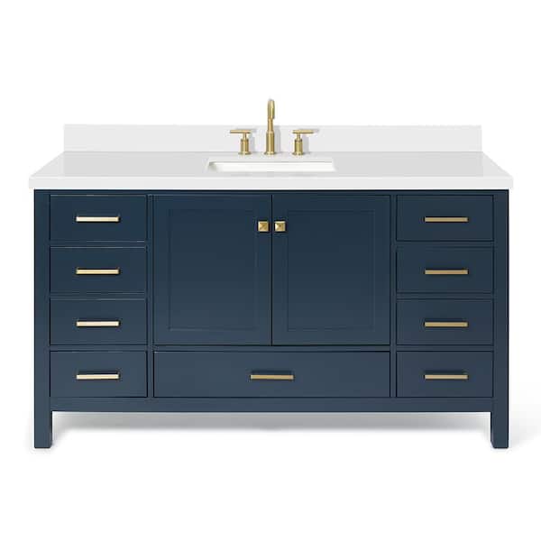 Cambridge 60 in. Single Sink Freestanding Bathroom Vanity in Midnight Blue with Pure White Quartz Top