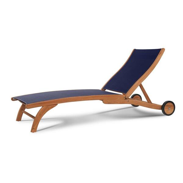 HiTeak Furniture Pearl Teak Outdoor Chaise Lounge in Blue with Wheels