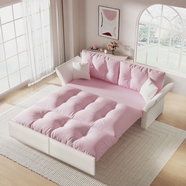 Harper & Bright Designs 74.8 in. Pink and White Velvet Queen Size Sofa Bed Convertible Loveseat with 2-Soft Pillows