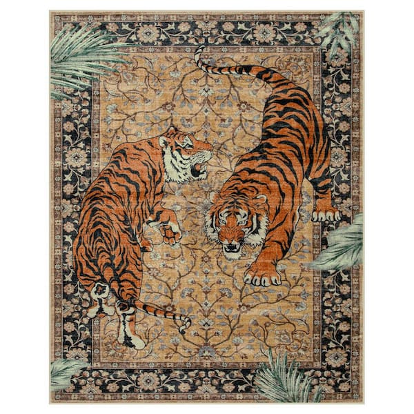 8 ft. x 10 ft. Desert Goldene Vintage Tiger Washable Non Slip Soft Area Rug