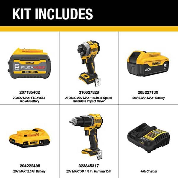 ATOMIC 20V Lithium-Ion Cordless 2-Tool Combo Kit with FLEXVOLT 20V/60V 6.0Ah, 20V 5 Ah and 2 Ah Batteries and Charger