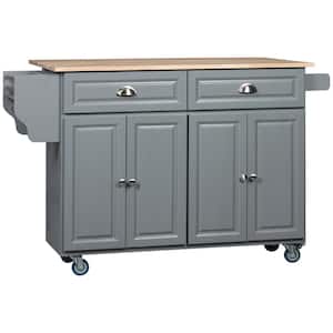 Dark Grey Rolling Kitchen Island On Wheels Utility Cart with Drop-Leaf and Rubber Wood Countertop