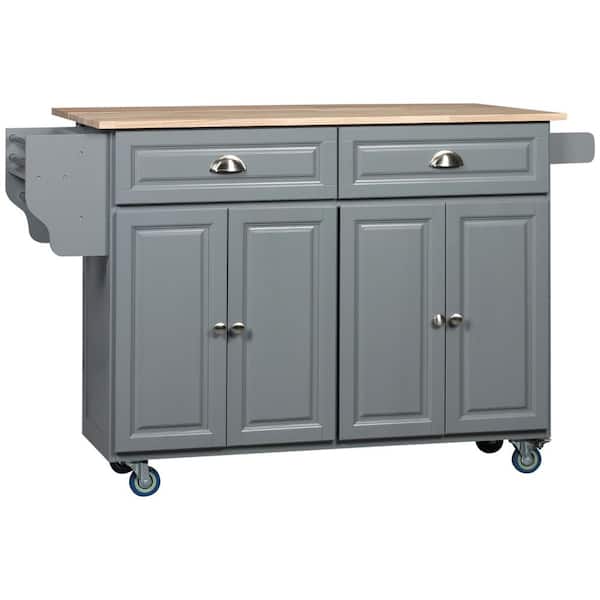 HOMCOM Dark Grey Rolling Kitchen Island On Wheels Utility Cart with Drop-Leaf and Rubber Wood Countertop