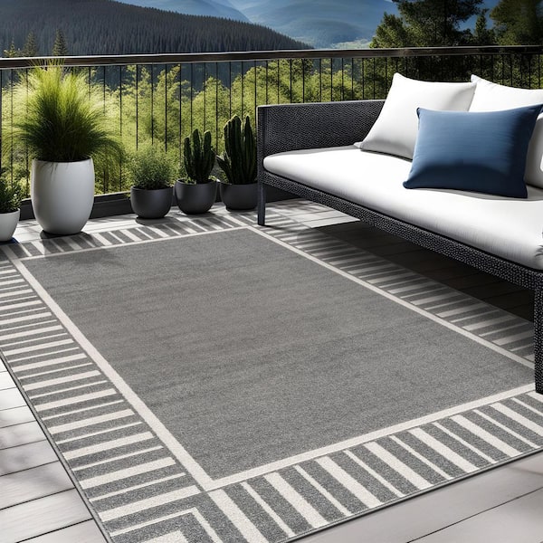 Edge Gray 8 ft. x 10 ft. Rubber Back Washable Geometric Border Indoor Outdoor Patio Area Rug