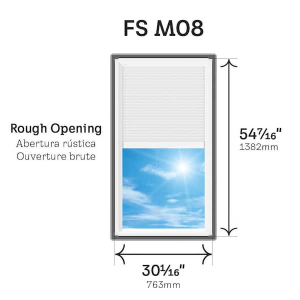 30-1/16 in. x 54-7/16 in. Fixed Deck Mount Skylight w/ Laminated Low-E3 Glass, White Solar Powered Room Darkening Shade