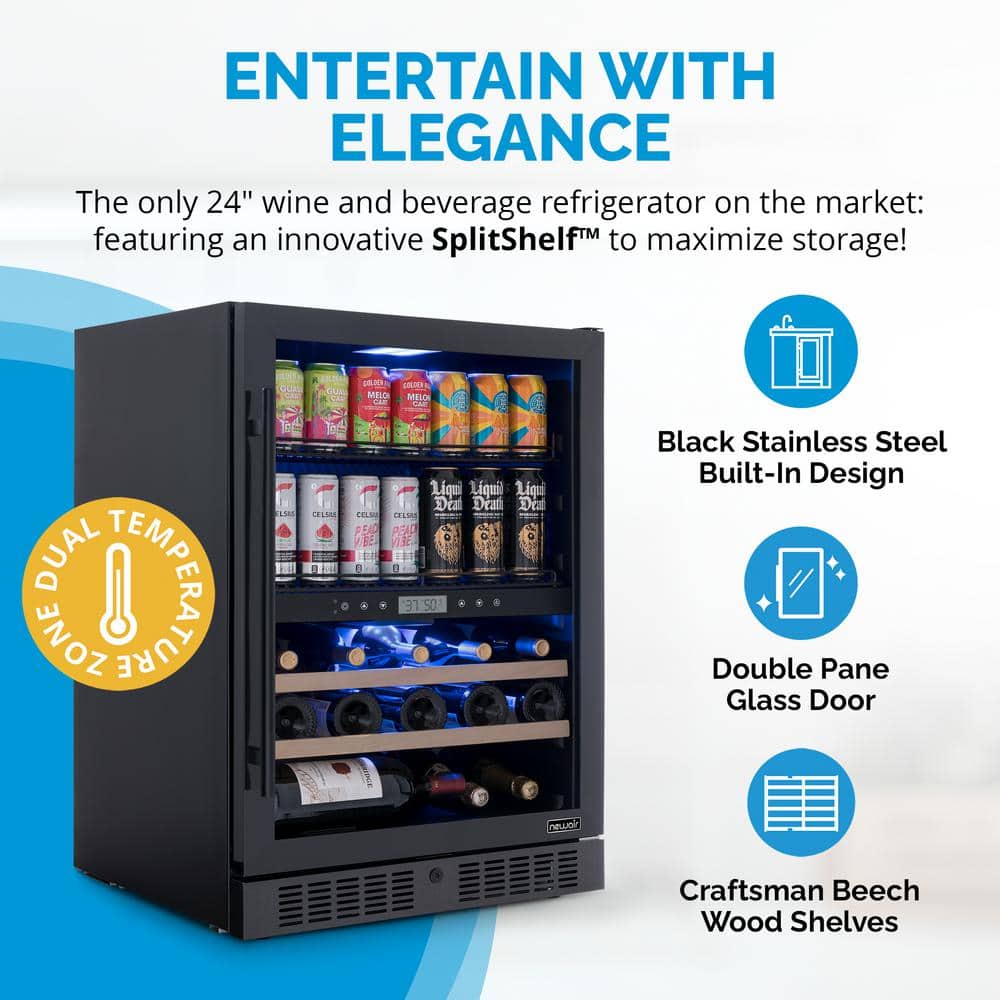 Newair 24" Black Stainless Steel Dual Zone Wine and Beverage Refrigerator