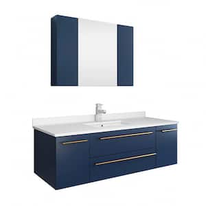 Lucera 48 in. W Wall Hung Bath Vanity in Royal Blue with Quartz Sink Vanity Top in White with White Basin