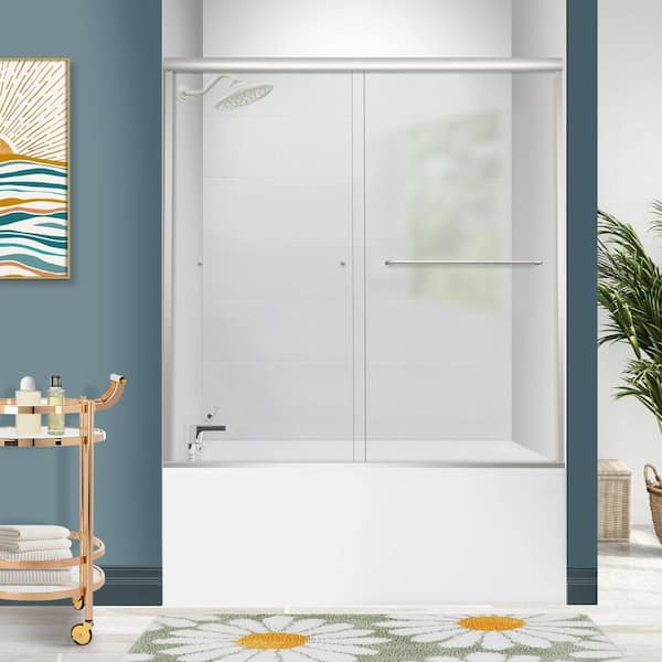 60 in. W x 57.4 in. H Semi-Frameless Sliding Tub Door with Clear Glass in Brushed Nickel