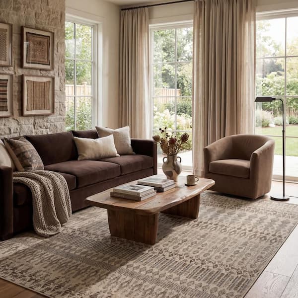 Zyrelia Bohemian Floral Area Sand 9 ft. x 12 ft. Indoor Area Rug