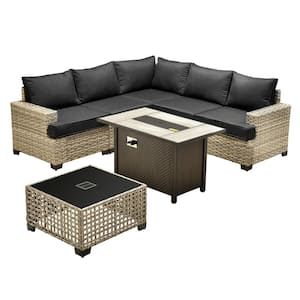 Kelleys 7-Piece Wicker Outdoor Patio Conversation Sofa Sectional Set with a Fire Pit and Black Cushions