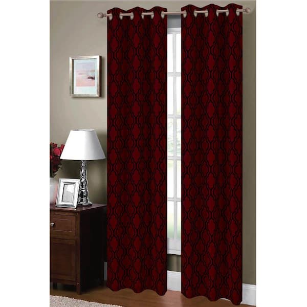 Window Elements Semi-Opaque Lattice Flocked Faux Silk 84 in. L Grommet Curtain Panel Pair, Burgundy/Black (Set of 2)