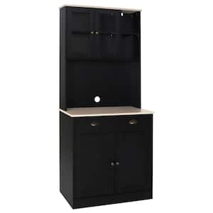 Black Wood 31.5 in. W Kitchen Pantry Cabinet Storage Hutch with Adjustable Shelves, Buffet Cupboard and Microwave Stand