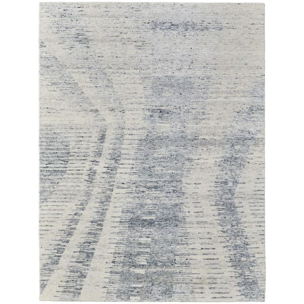 4 ft. x 6 ft. Ivory Gray and Blue Abstract Hand Knotted Worn Faded Area Rug