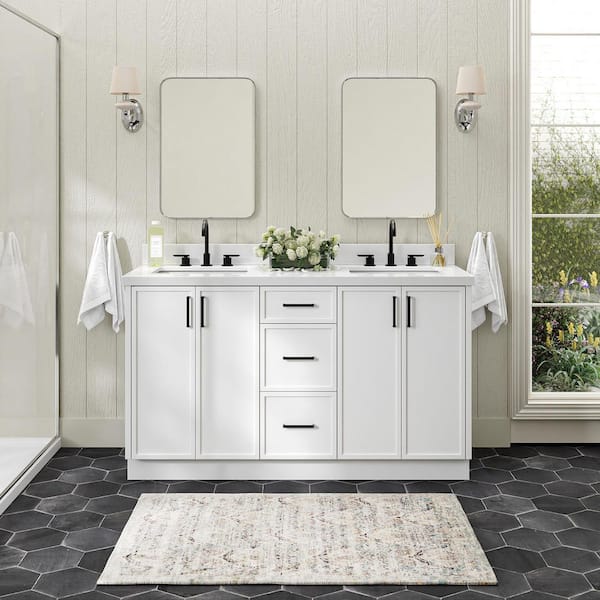 ARIEL Kelly 60 in. Double Sink Freestanding Bathroom Vanity in White with Pure White Quartz Top