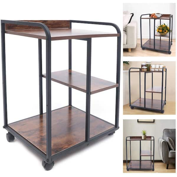 YIYIBYUS 3-Shelf Iron Frame Wood 4-Wheeled Under Desk Printer