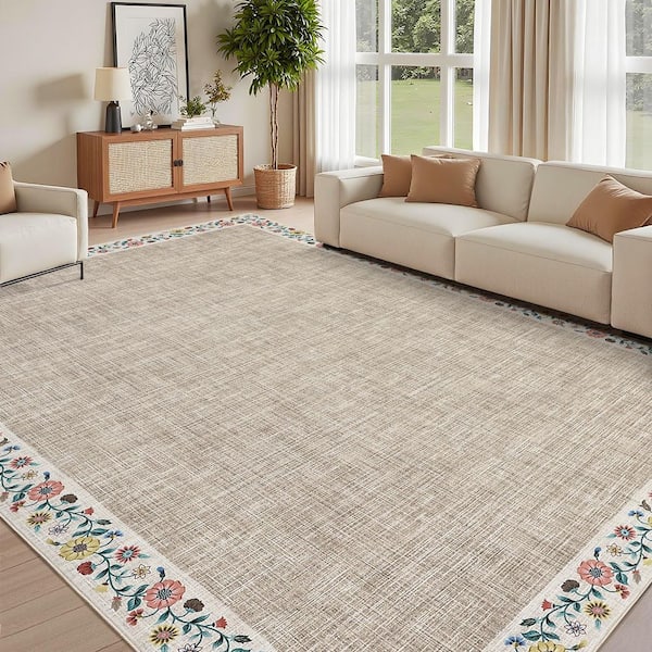 Light Camel 5 ft. x 7 ft. Modern Floral Border Low Pile Soft Non-Slip Washable Office Laundry Room Farmhouse Area Rug
