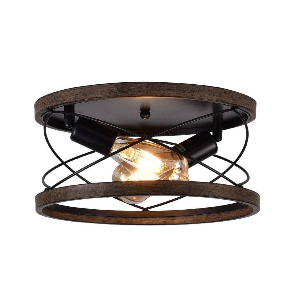 OUKANING 12.6 in. 2-Light Brown Retro Farmhouse Industrial Flush
