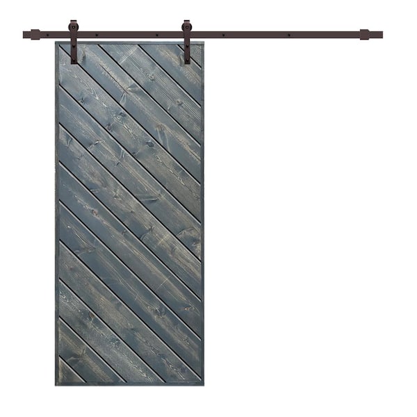 CALHOME Modern European Series 38 in. x 84 in. Pre Assembled Nickel Gray Stained Solid Wood Sliding Barn Door with Hardware Kit