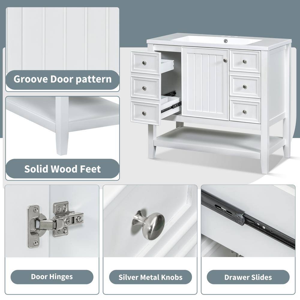 36" White MDF and Ceramic Single Sink Bathroom Vanity with Drawers