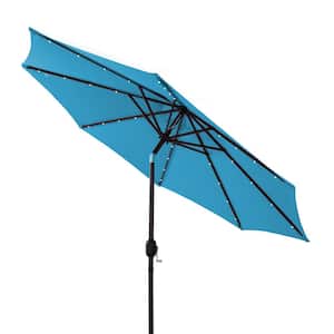 9ft Outdoor Market Patio Umbrella 32 LED Solar Umbrella with Tilt and Crank in Light Blue