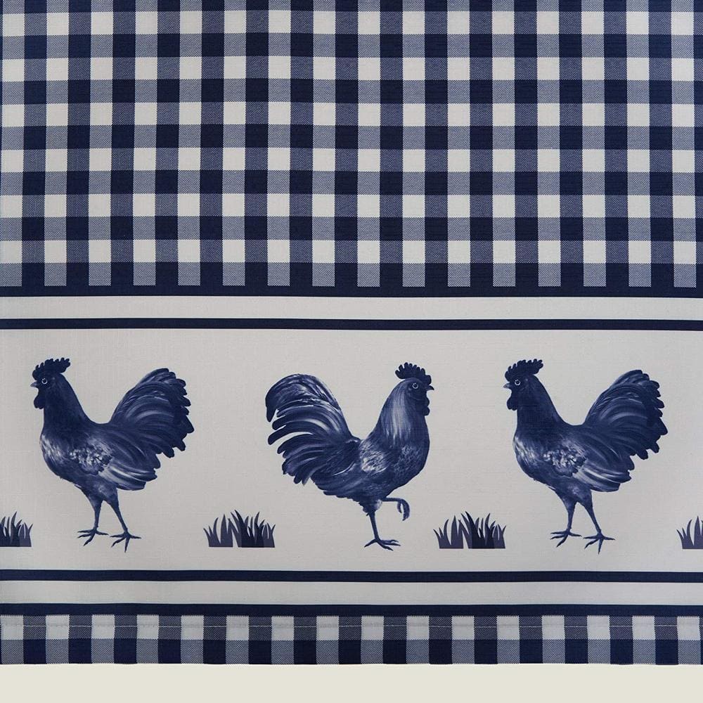 Navy Gingham Rooster Kitchen Curtain Tier Pair and Valance Set, 58 x 36