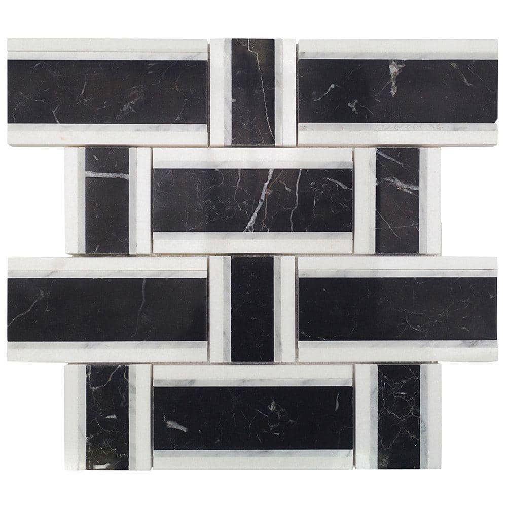 Nero and White Carrara Marble Basketweave Mosaic Tile