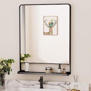 24 in. W x 32 in. H Large Rectangular Framed Metal Wall Bathroom Vanity Mirror with Shelf in Black (Vertical)