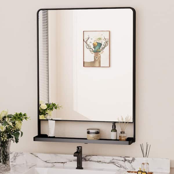 KeonJinn 24 in. W x 32 in. H Large Rectangular Framed Metal Wall Bathroom Vanity Mirror with Shelf in Black (Vertical)