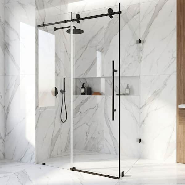 Elan E-Class 35 in. L x 46 in. W x 76 in. H Frameless Sliding Shower Enclosure in Matte Black with Clear Glass