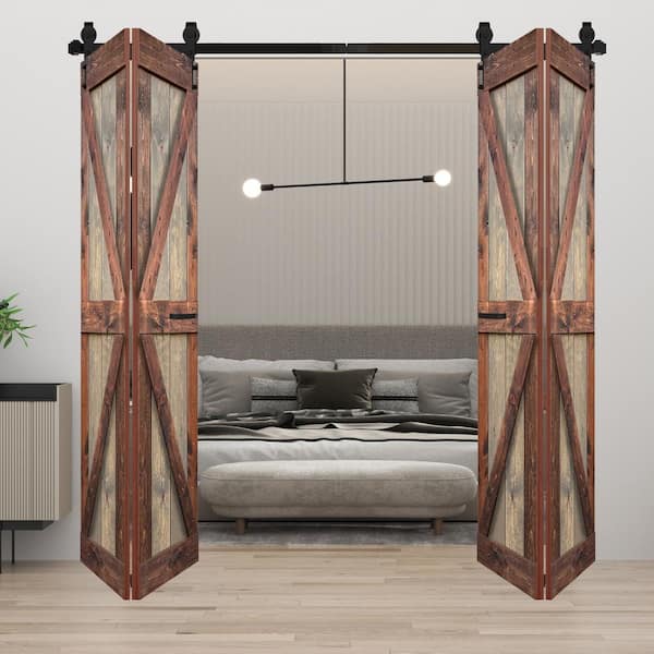 ISLIFE K Style 60 in. x 84 in. (15 in. x 84 in. x 4-Panels) Brown/Walnut Solid Core Wood Bi-Fold Door with Hardware Kit Needed