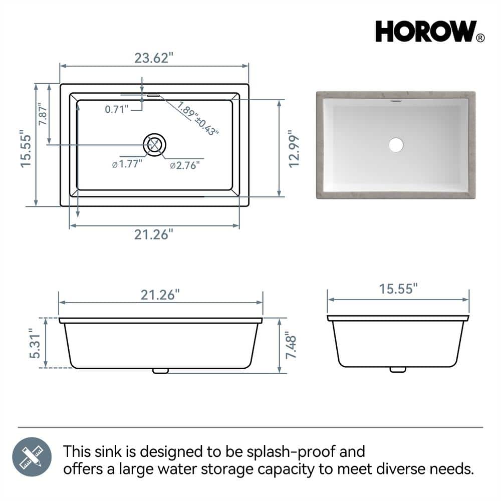 23.6" White Ceramic Undermount Rectangular Bathroom Sink with Overflow