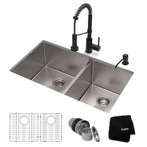Standart PRO All-in-One Undermount Stainless Steel 33 in. Double Bowl Kitchen Sink with Faucet in Matte Black