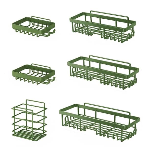13.4 in. Carbon Steel Wall Mounted Shower Caddy 6-Pack with Soap Holder and Hooks in Green