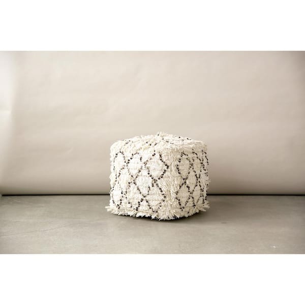 Storied Home White Fringed with Sequins Moroccan Pouf