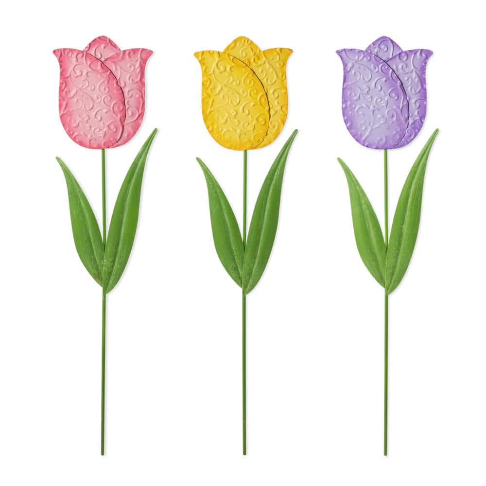 Glitzhome Set of 3 24 in.H Easter Metal Tulips Yard Stake (KD