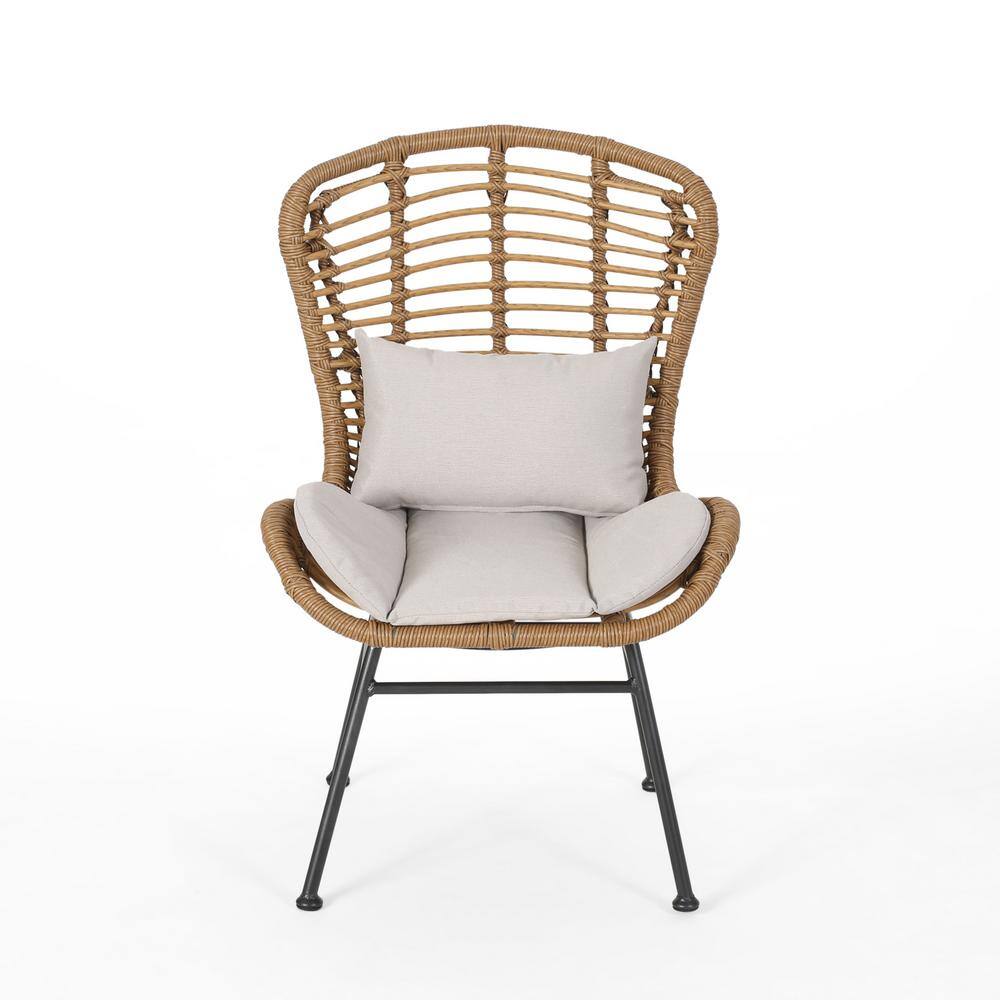 Light Brown Faux Rattan Armless Patio Chairs with Beige Cushions