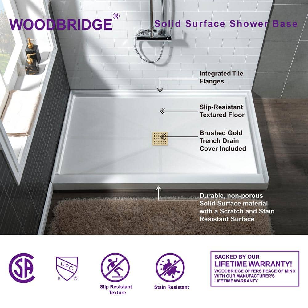 48" White Rectangular Shower Pan with Brushed Gold Drain